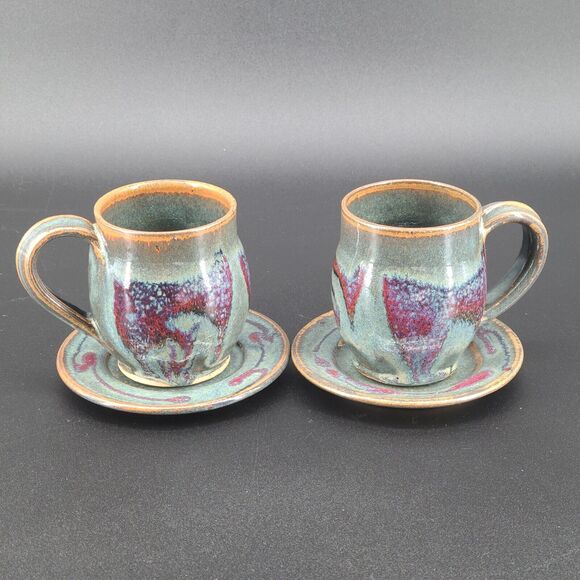 Vintage Art Pottery Cup Saucer Blue Green Purple Glazed Signed Set of 2 - Picture 1 of 6